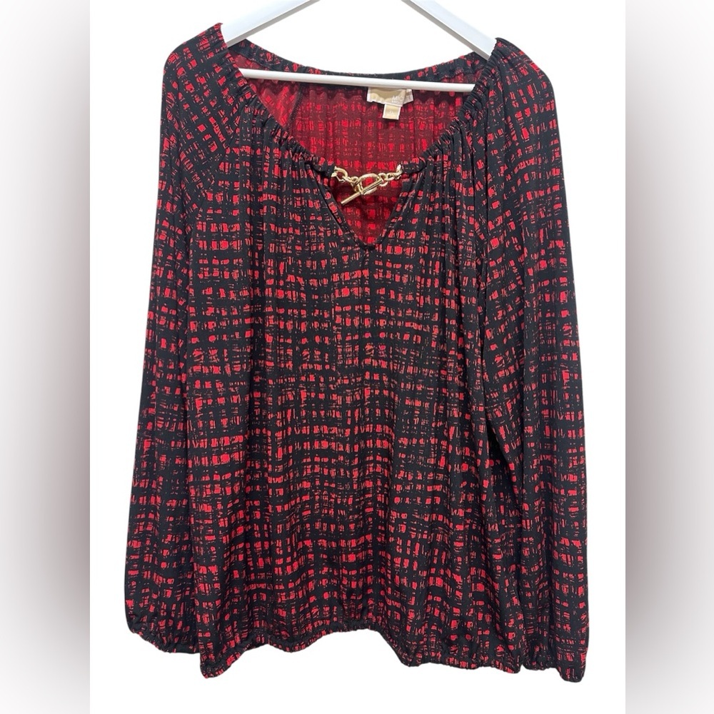 Michael Kors Red Black Patterned Blouse Blouson Top Shirt Office Work Relaxed XL